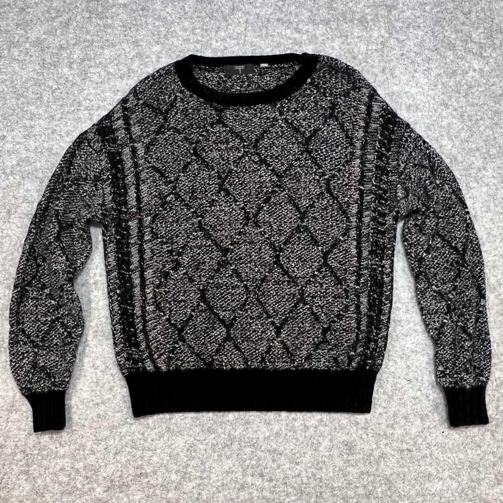 Tahari T Black White Diamond Cable Knit Crewneck Sweater Womens Soft Cozy Large‎